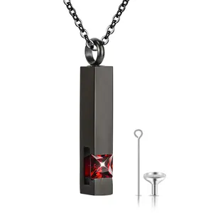 OIDEA Openable Stainless Steel Personalized Birthstone Bar Pendant Necklace, Custom Engraved Colored Crystals Square Zirconian Memorial Fashion Jewelry, Colored Crystals Necklaces, Custom Engraved Necklaces