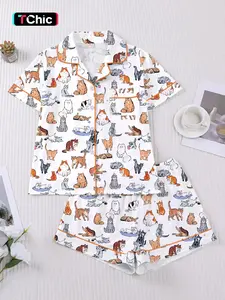 Women's 2-Piece Pajama Set, Cartoon Cat Print, Casual Fitted Style, Short Sleeve Shirt & Elastic Shorts, Comfortable Home Wear, Summer