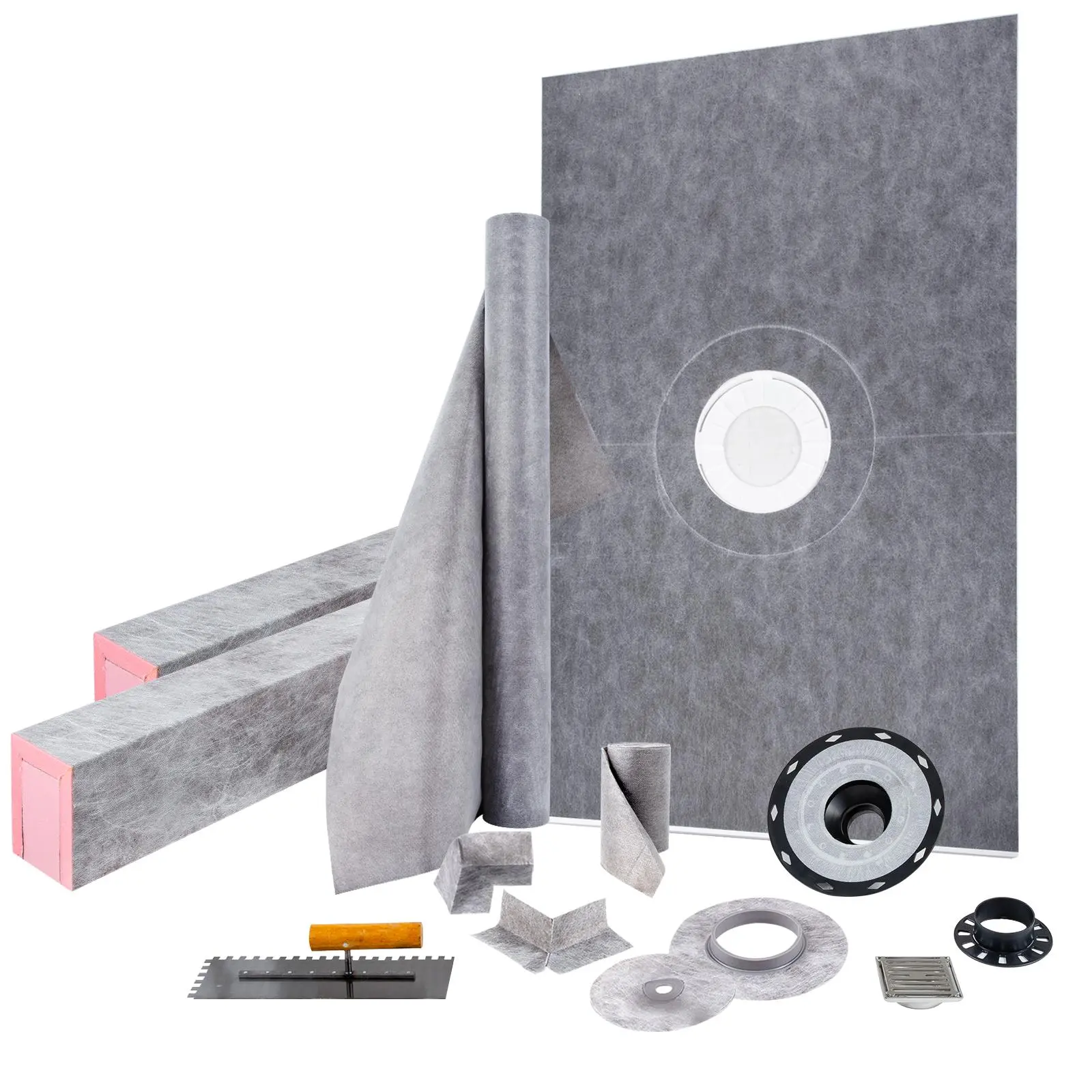 【SummerFinds】VEVOR Shower Curb Kit,  , 48\"x72\" Watertight Shower Curb Overlay with 4\" ABS Central Bonding Flange, 4\" Stainless Steel Grate, 2 Cuttable Shower Curb and Trowel, Shower Pan Slope Sticks Fit for Bathr