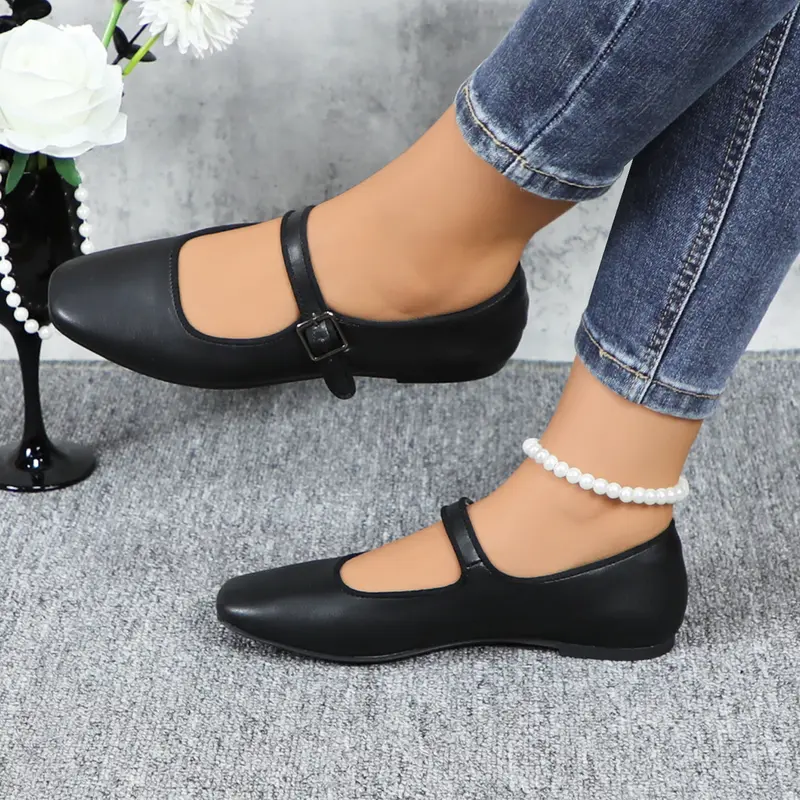 Women's Leather Mary Jane Ballet Flats Comfortable Slip-on Square Toe Soft Work Flats Classic Retro Footwear Flat Shoes for Daily Wear DB