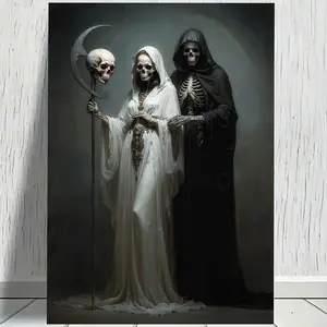 1pc Unframed Canvas Poster - Gothic "Death and Maiden" Santa Muerte Art Print - 12.0x18.0 inch |   Mystical Figure with Crescent Moon & Skull |   Dark Aesthetic Wall Decor for Living Room, Bedroom, Office, Cafe |   Indoor Use Only, Gothic Wall Art