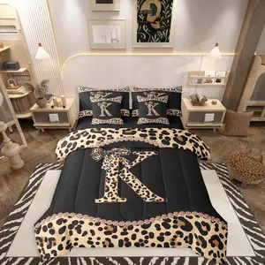 African Cheetah Bow Comforter Bed Set,Woman Girls Adults Alphabet Initial Bed Bag,Coquette Bow Leopard Print 7 Piece Bedding Set,Modern Trendy Fashion Bed Set