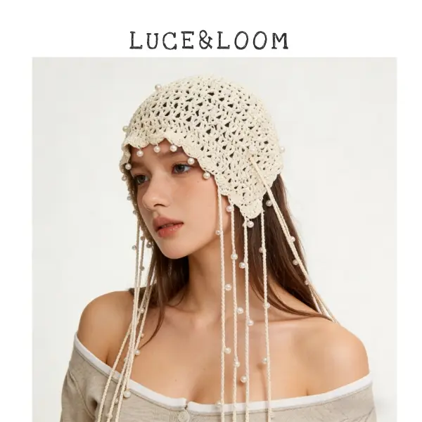 Unisex Boho Summer Hand-Crocheted Hollow Hat with Pearl Tassels, Lightweight Breathable Beach Vacation Head Accessory