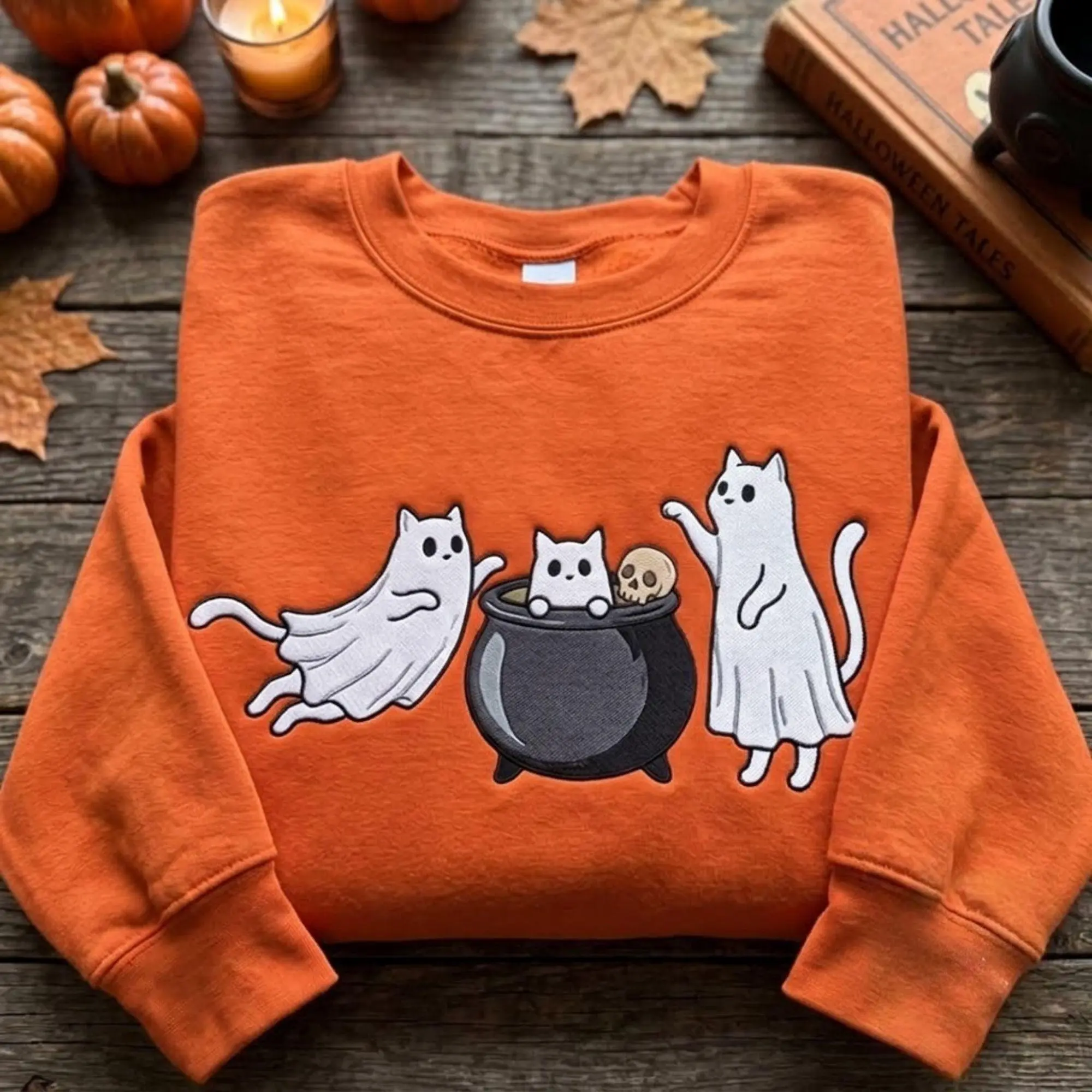 [MADE IN US] Embroidered Halloween Ghost Cats Sweatshirt T Shirt Hoodie, Cat Sweater, Halloween Spooky Season Sweatshirts