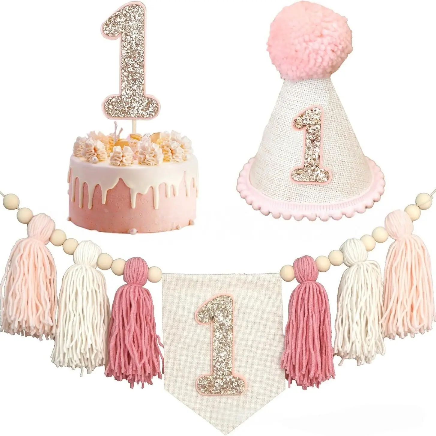 Bohemian Birthday Party Set, includes pink banner, party hats and cake decorations. Yarn pull flag design, perfect for baby shower, 1st birthday, room and party decor. Birthday Party Kit