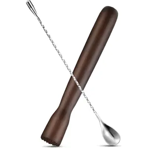 Wooden Cocktail Muddler and 12 Inches Stainless Steel Spiral Bar Mixing Spoon for Making Cocktails Mojito Lemonade Juice and Other Bar Drinks