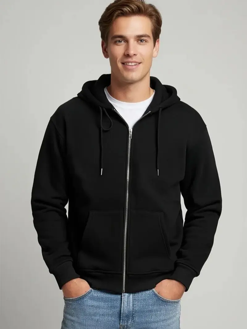 Forever 21 Men's Casual Plain Fleece Zip-Up Hoodie - Adjustable Hood, Long Sleeves, Kangaroo Pocket, Adjustable Men's Hoodies