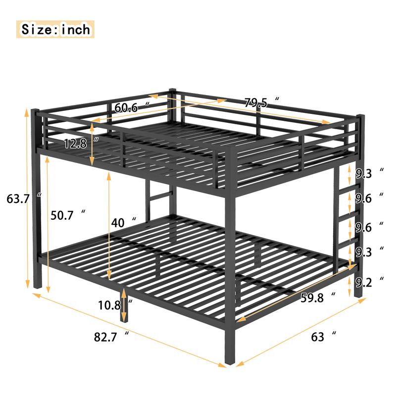 Metal Queen over Queen Bunk Bed for Teens and Adults Solid Construction Electrostatic Powder Coating Under Bed Storage 2 Side Ladders Safety Design 40 Metal Slats Space-Saving Noise Reduced