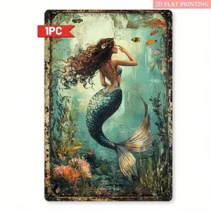 Aluminum Mermaid Wall Art Vintage Sign Print 8x12 Inch Ocean Underwater Fantasy Artistic Retro Décor Vintage Decor for Home Bar Cafe Nautical Themed Home