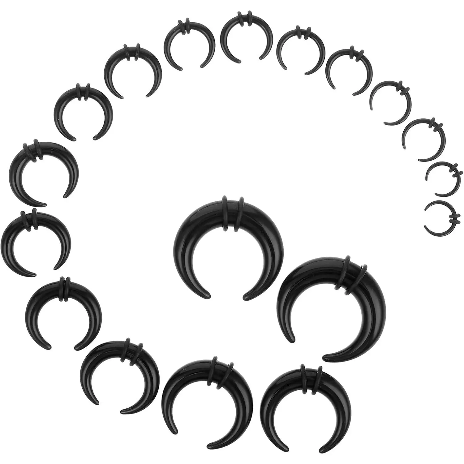 18-Piece Acrylic Stretching Cone Set, Black C-Shape Tapers for Septum Piercing & Ear Gauges, Hypoallergenic Expanders 14G-00G, Diameter