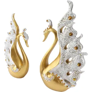 Dpofirs 2 Pieces Swan Sculpture, Table Decorations Elegant Ceramic Swan Figurine Swans for Living Room Wine Cabinet Wedding Gifts (Gold)