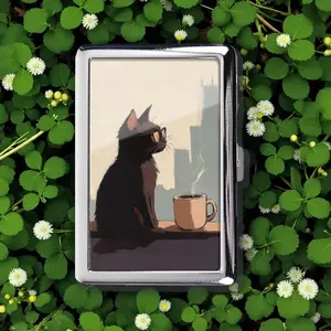Small Cat drinking coffee Cigarette Case Money Card Holder, Zigarettenetui, Business Card, Antique Alive, Flower