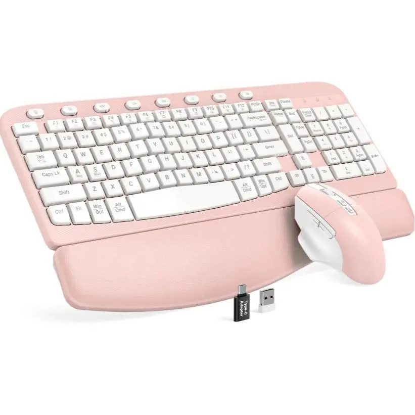 SABLUTE MA12 Ergonomic Keyboard & Mouse Combo - Wave Key, Leather Palm Rest, 2.4G Wireless, 8 Hotkeys, USB-A/C, Silent Mouse, Dual System Compatible, Non-Bluetooth, Easy Setup(non-bluetooth)