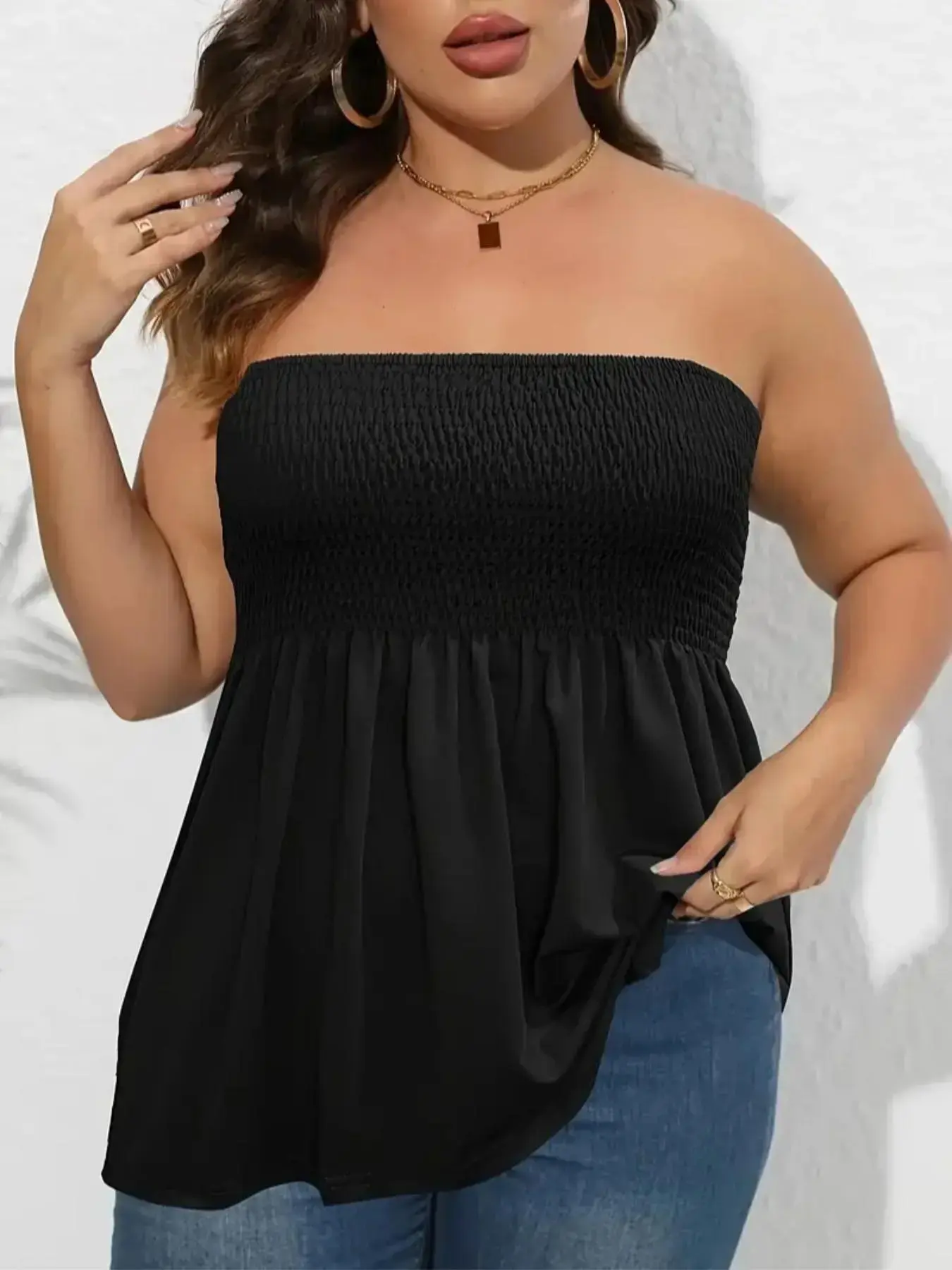 Boho Style Plain Loose Fit Strapless Top Without Collar & Button, Casual Fashion Sleeveless, Bohemian Spring Fall Fashionable Women's Casual Wear, Pure Color Design, Basic Vibe Elegance, Womenswear