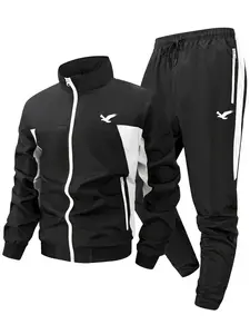 Flying Bird Print Colorblock Patchwork Tracksuit for Men, Spring & Fall Quick-Dry Breathable Sports Set, Running Athletic Set, Windproof Stand Collar Long Sleeve Jacket, Zip Up Coat Outwear Tops + Drawstring Elastic Waist Pants Trousers with Zipper Pocket