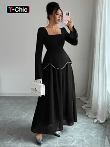 Fashion Elegant Square Neck Pearl Embellished Long Sleeve Dress, Fitted Fall & Winter Style, Long Dress Length, Women's Clothing