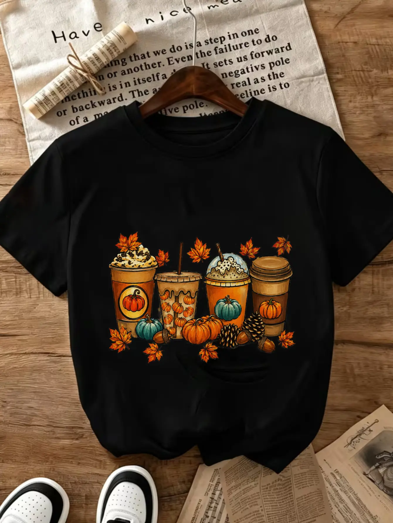 Women's Soft Cotton Short-Sleeve Relaxed-Fit Casual Fashion Lightweight Tee - Breathable Round Neck, Fall Pumpkin, Maple Leaf, Acorn, Pinecone Autumn Harvest Graphic Top