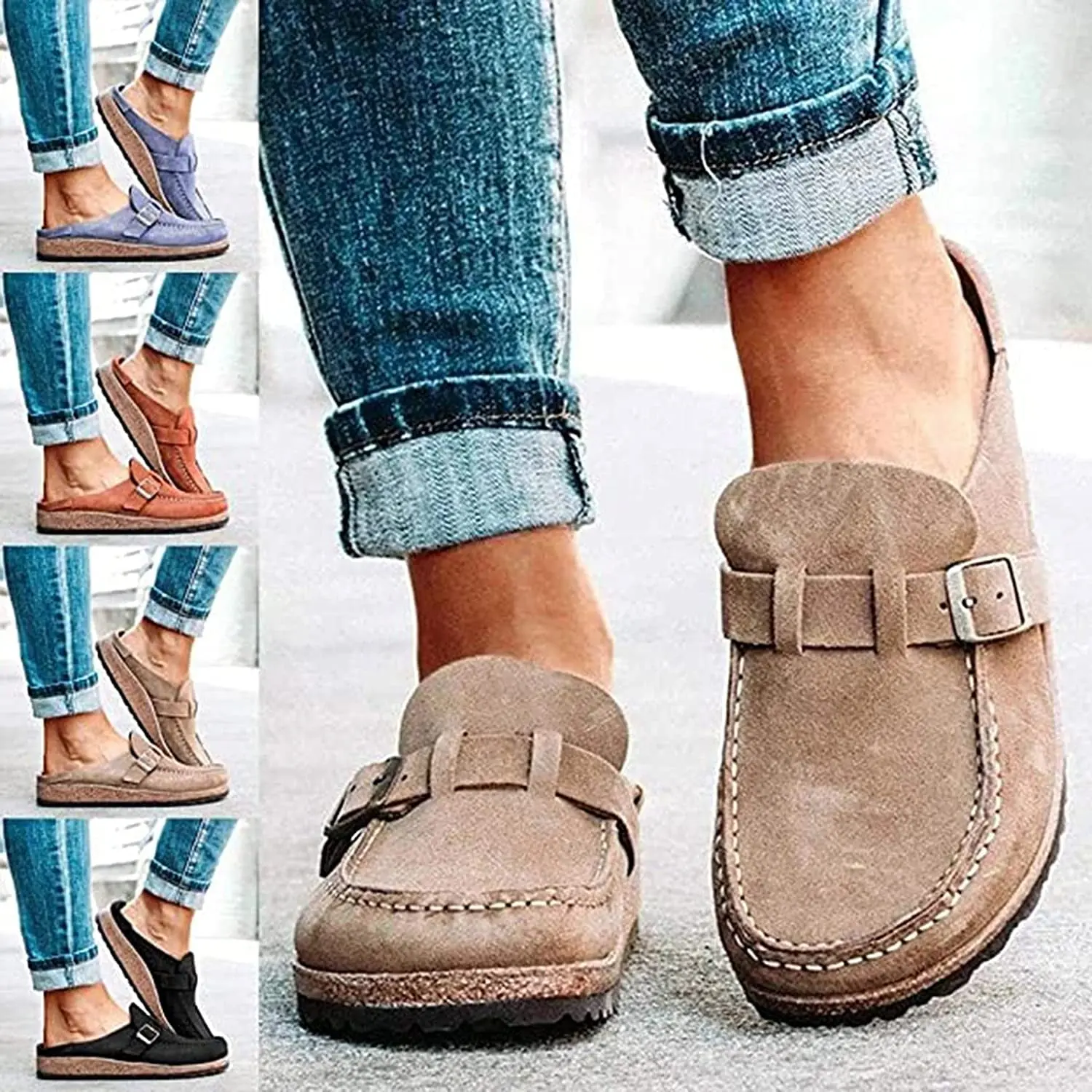 Women's 2026 Suede Clogs, Backless Memory Foam Mules, Anti-Slip Arch Support Rubber Flats, Casual Slip-On Footwear for Home & Office Walking (Summer)