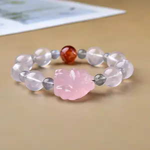 Rose Quartz Nine-Tailed Fox Bracelet | Love Attraction & Protection Crystal with Moonstone & Red Hematoid