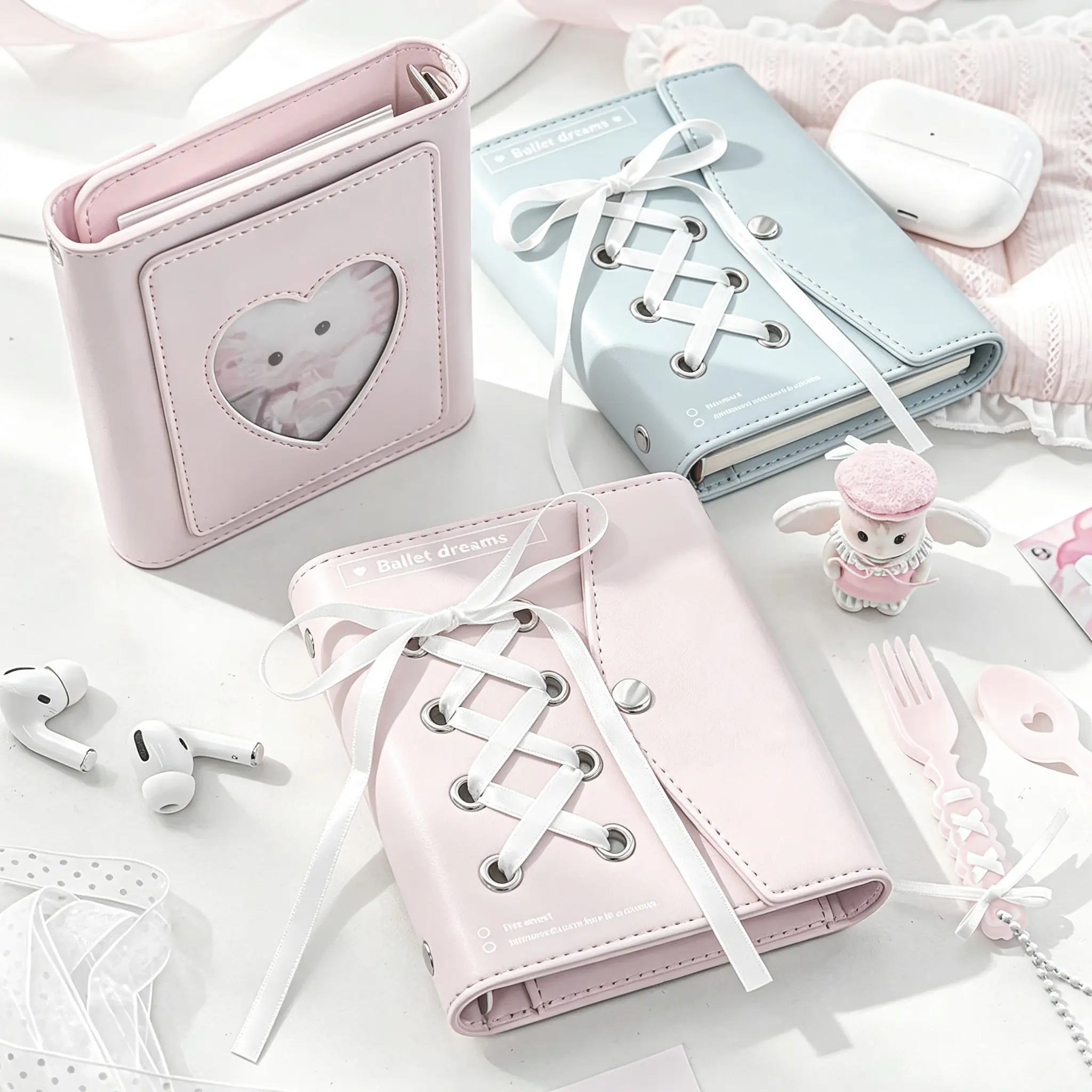 PU Leather Mini Journal in soft pink & light blue. Features 72 writing pages, a back heart-shaped pocket and 3 free matching ribbons，a wonderful gift for students, teen girls and stationery lovers to record daily plans, memories and creative notes.