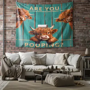 Funny Highland Cow Print Tapestry, Humorous Wall Hanging, "Are You Pooping?" Highland Cow Tapestries, Farmhouse Wall Blanket for Bathroom Themed Bedroom & Living Room Backdrop Decor
