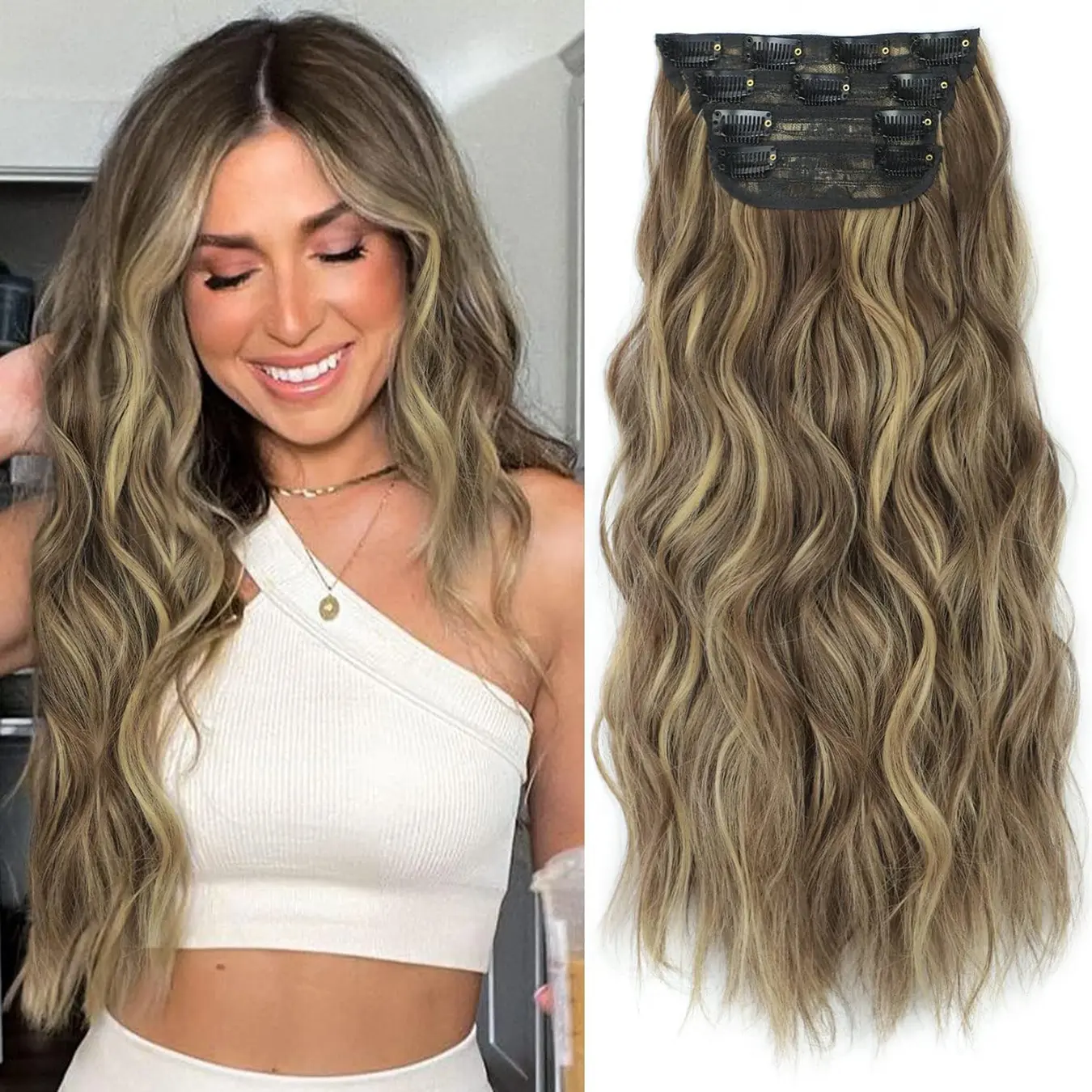 ZIHAN Clip-in Synthetic Hair Extensions - 4PCS Thick Double Weft Female Hairpieces for Thick Volume, Long Body Wave Hairstyle Curly Extensions with Wavy Curly Hair