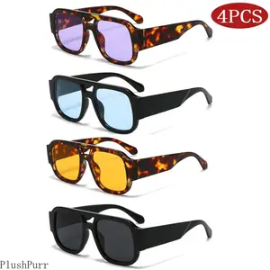 4-PACK Retro Large Frame Double Bridges Square Sun Glasses Women Candy Color Wide Legs Men Eyeglasses Outdoor Sports Shades