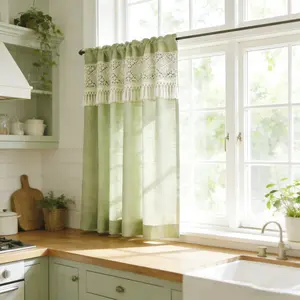 Green Boho Crochet Lace Sheer Valances for Window Kitchen Vintage Macrame Valances with Tassels for Dining Room Living Room Farmhouse Rustic Crochet Curtain Valance Rod Pocket 1 Panel