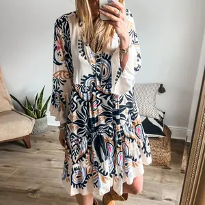 MULLVEIG Women's Tribal Print Beach Dress Summer Boho Mini Dress Bracelet Sleeve Button Down Versatile Casual to Dressy Comfort