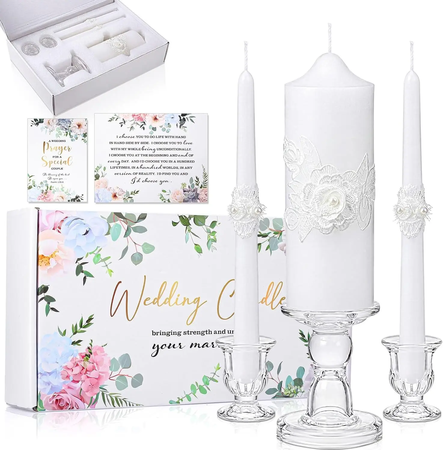 Conelist Romantic Unity Candles for Wedding Ceremony Set - 1 6.3" Pillar 2 9.8'' Taper Candles 2 Marriage Cards Wedding Candle with Holder for Rustic Romantic Ceremony Events Supplies