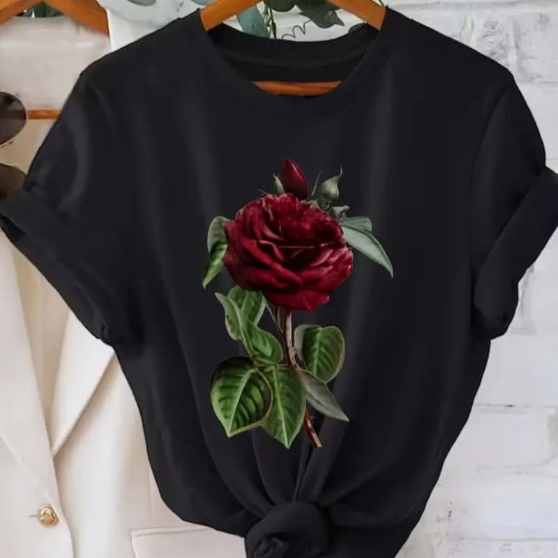 Women's Red Rose Print Round Neck Cotton Basics T-shirt - Short-sleeved, Quote Design, Twist Detail, Comfortable Fit, Cold Wash Friendly, Classic