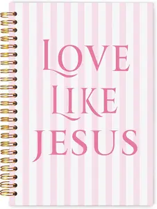 Pink Christian Spiral Notebook Journal 5.5x8.3, Jesus Prayer Journal for Women, Christian Gifts for Women, Trendy Pink and White Stripes Bible Notebooks for Note Taking, Love Like Jesus