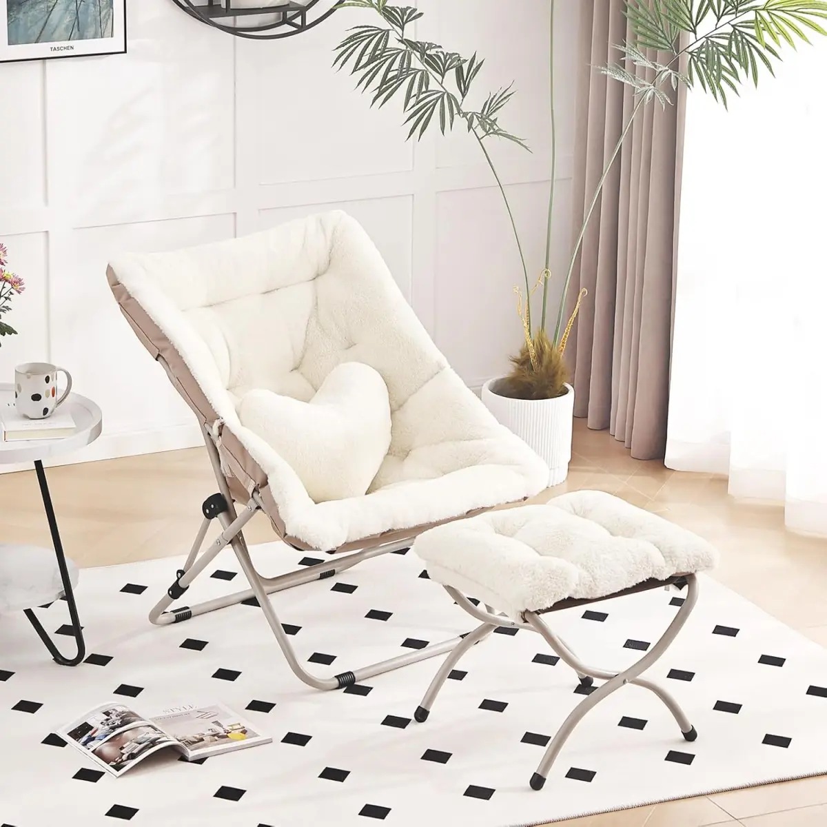 Folding Oversize Sherpa Saucer Chair, Faux-Fur Reading Chair for Adults, Foldable Accent Lazy Chair, Metal Frame Lounge Chair for Living Room, Bedroom, Beige