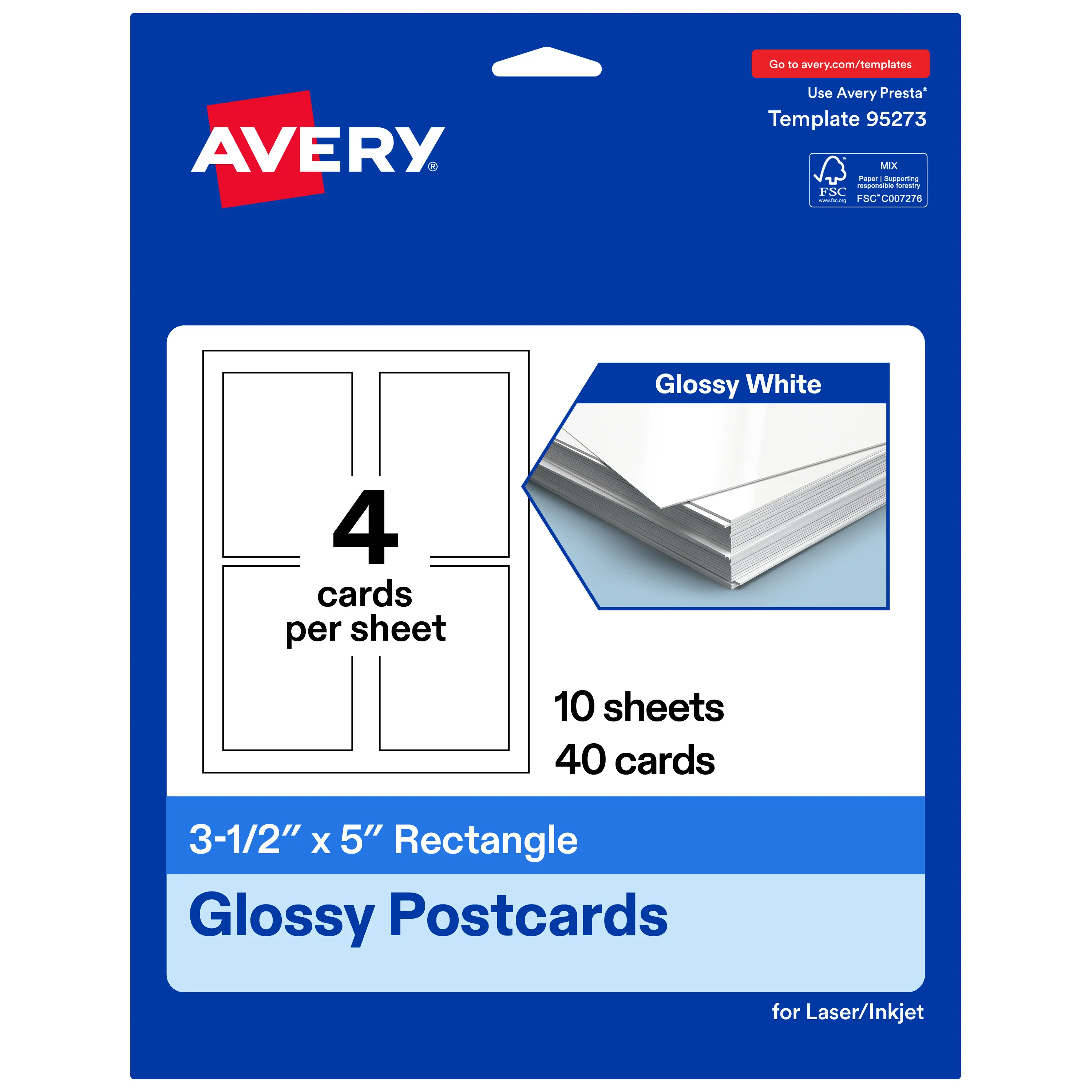 Avery 3-1/2" x 5" Rectangle, Glossy White Postcards