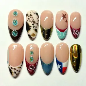 Handmade Western Cowboy Press On Nails, Texas Flag & Bandana Nail Art, Country Rodeo Style, Custom False Nails for Women, Cowboy Press Ons.
