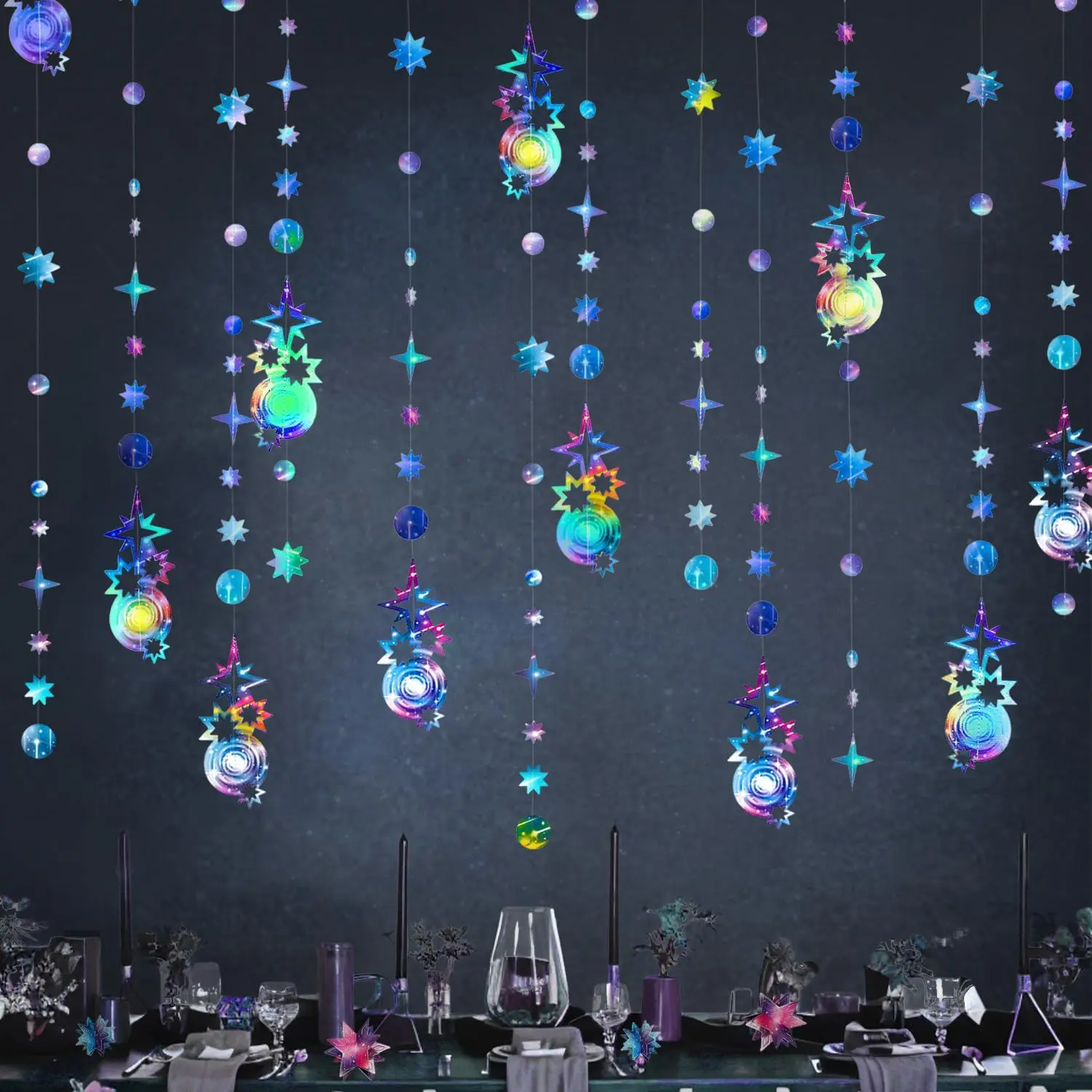 Iridescent Galaxy Party Decorations Kit - 80 Pcs 8in Stars, 32ft Total (8ft Garlands), Aurora Streamers, Space Banner, Starry Night Backdrop, Shooting Star Ornaments for Baby Shower, Romantic Space Hanging Display, To the Moon Events