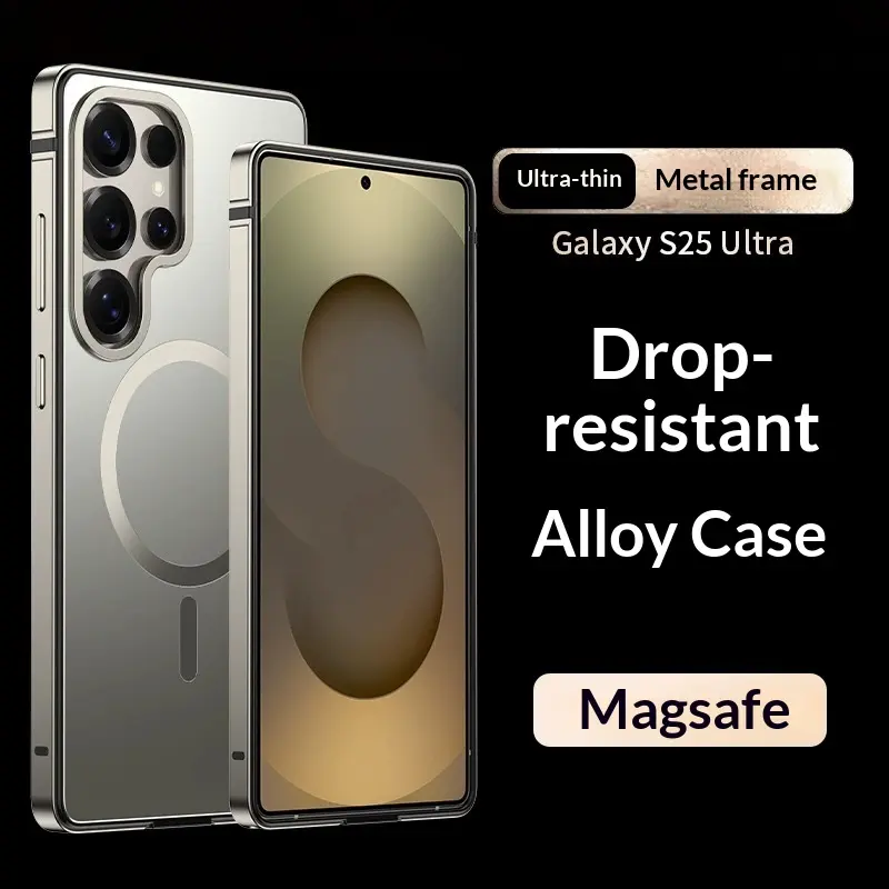 Oupeigar Customized Titanium Alloy Metal Smartphone Case for Galaxy S25 Ultra & S24 Ultra - Thin Aluminum Shell with MagSafe Support, Wireless Charging Compatibility, Anti-Drop Protection, Handheld Accessory, Black, Cellphone