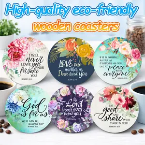 6PCS Christian Scripture Wooden Coasters Set – Bible Verse Inspirational Non-Slip Heat Resistant Round Drink Coasters for Home Coffee Table – Rustic Faith Home Decor – Meaningful Religious Gift for Family Friends Church