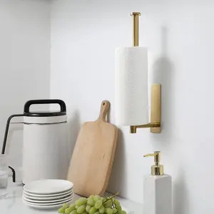 Gold Paper Towel Holder for Kitchen, Adhesive Under Cabinet Paper Towel Roll Rack for Bathroom Towel, Wall Mounted Matte Black, SUS304 Stainless Steel