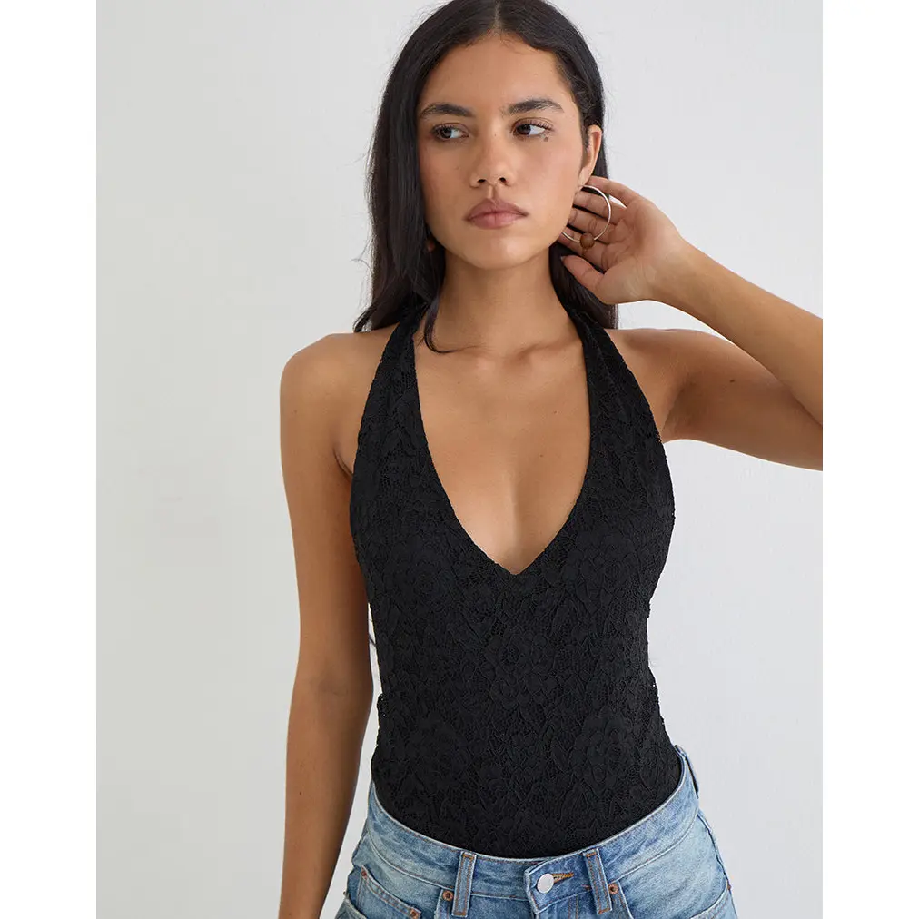 MOTEL Maizy Halterneck Bodysuit in Black Floral Lace