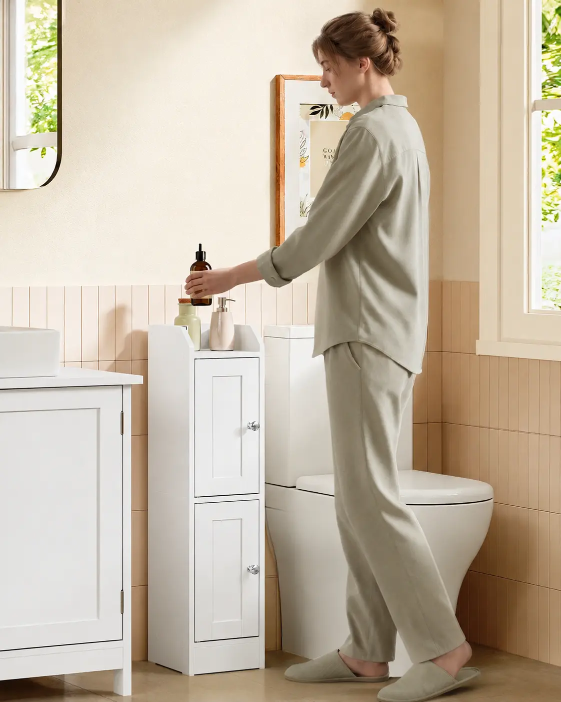 Farmhouse Style Tall Slim Narrow Corner Cabinet - Reversible Doors, Adjustable Shelves, Indoor Bathroom Storage Organizer
