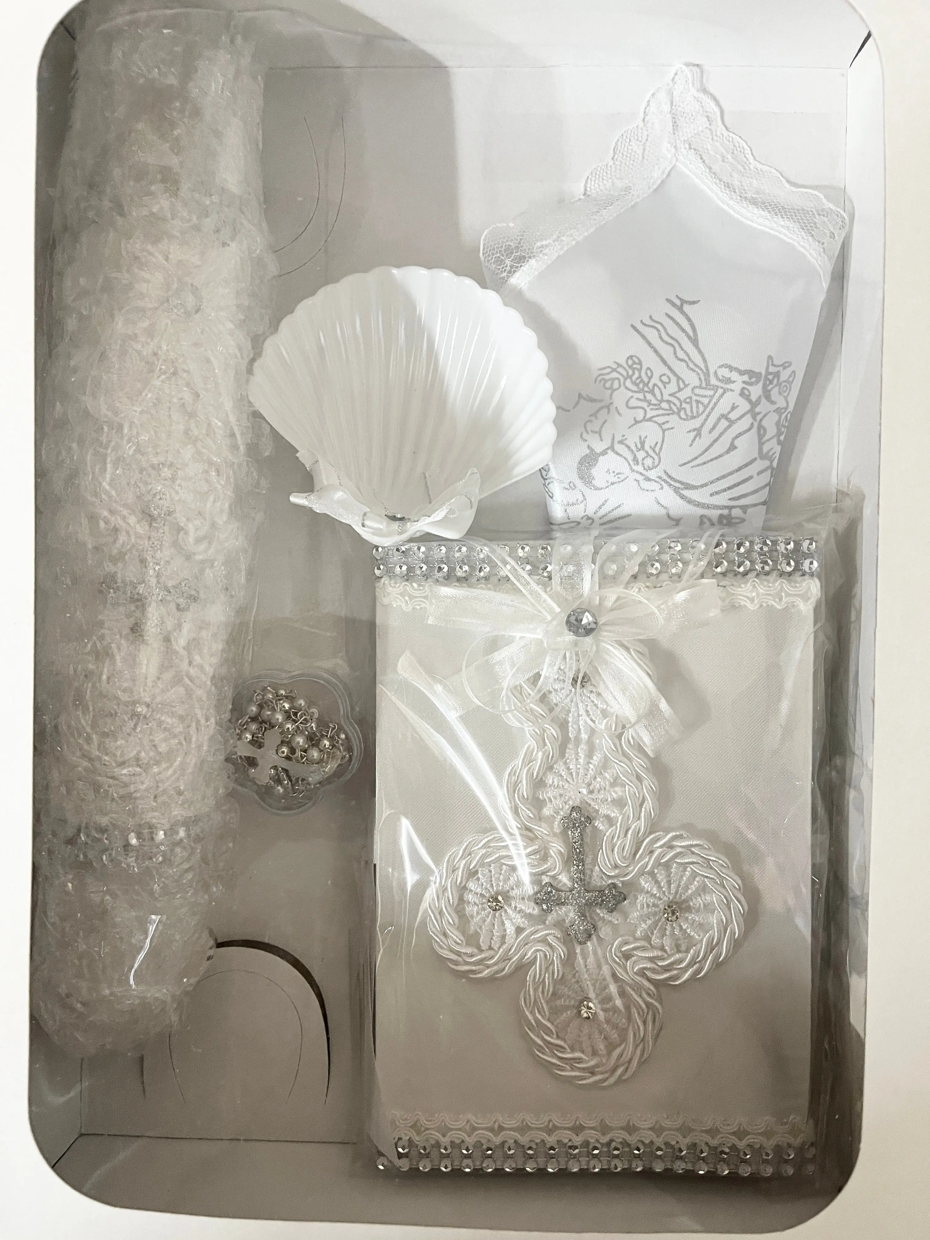 White and Rhinestone Cross Baptism, Christening Candle Set #2