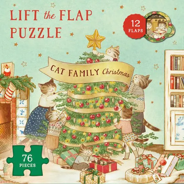 Cat Family Christmas Lift-The-Flap Puzzle Book - Victorian Nostalgic Advent Calendar with 76 Shaped Pieces, 12 Flaps, Heart-Warming Miniature Scenes for Family-Friendly Holiday Activities