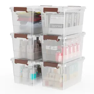 17qt Clear Plastic Storage Bin with Lid and Latching Buckles, Stackable Tote Organizing Box with Handle, Organiser 6 Pack