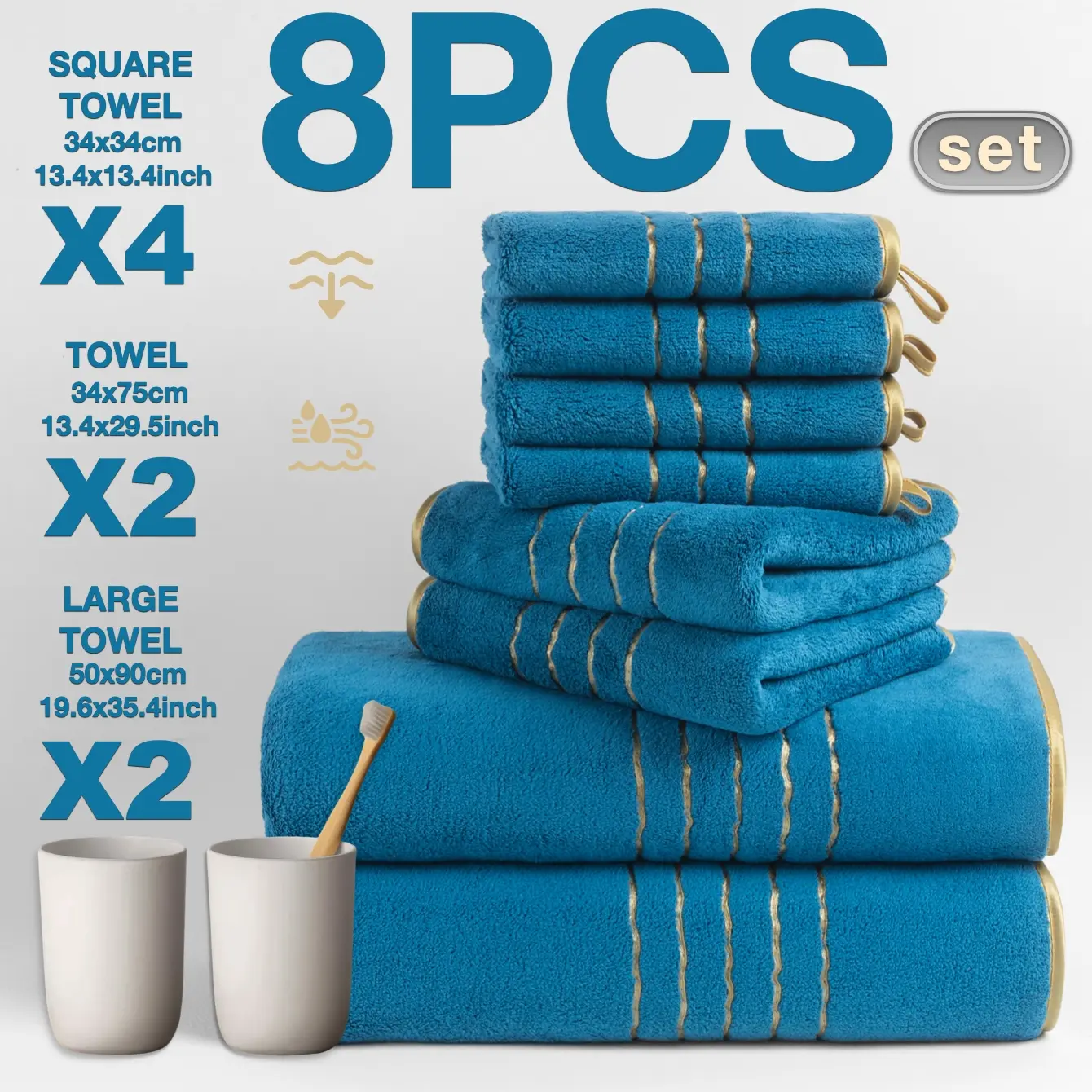 8-Piece Gold Trim Bath Towel Set, Quick Drying Absorbent Microfiber, Includes Hand Towels & Face Cloths, Ideal for Home, Hotel, School Use