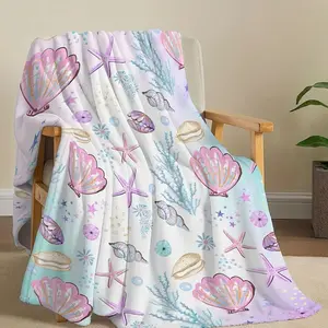 Luxurious All-Season Flannel Throw Blanket with Vibrant Underwater Elements - Cozy, Machine Washable, Multipurpose Fleece in Mixed Colors with Seashells E