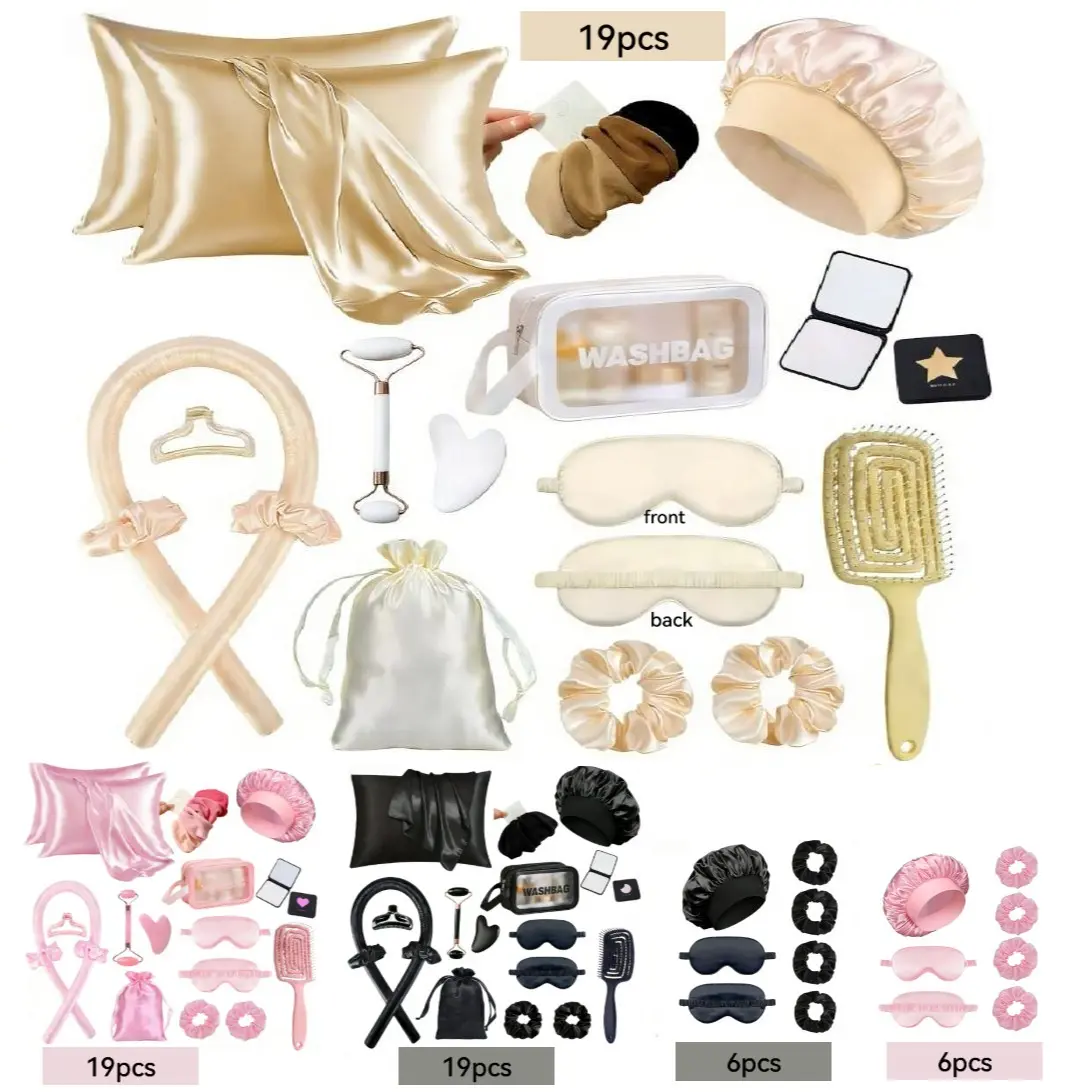 Sleep Hair Care Set 19pcs, Includes Heatless Styling Tools, Heatless Curler, Heatless Curls Overnight, No-Heat Curler, Heat Free Curls, Satin Pillowcase, Sleep Cap, Reusable Eye Mask, Scalp Massager and Jade Roller, Ideal for Women's Night Use