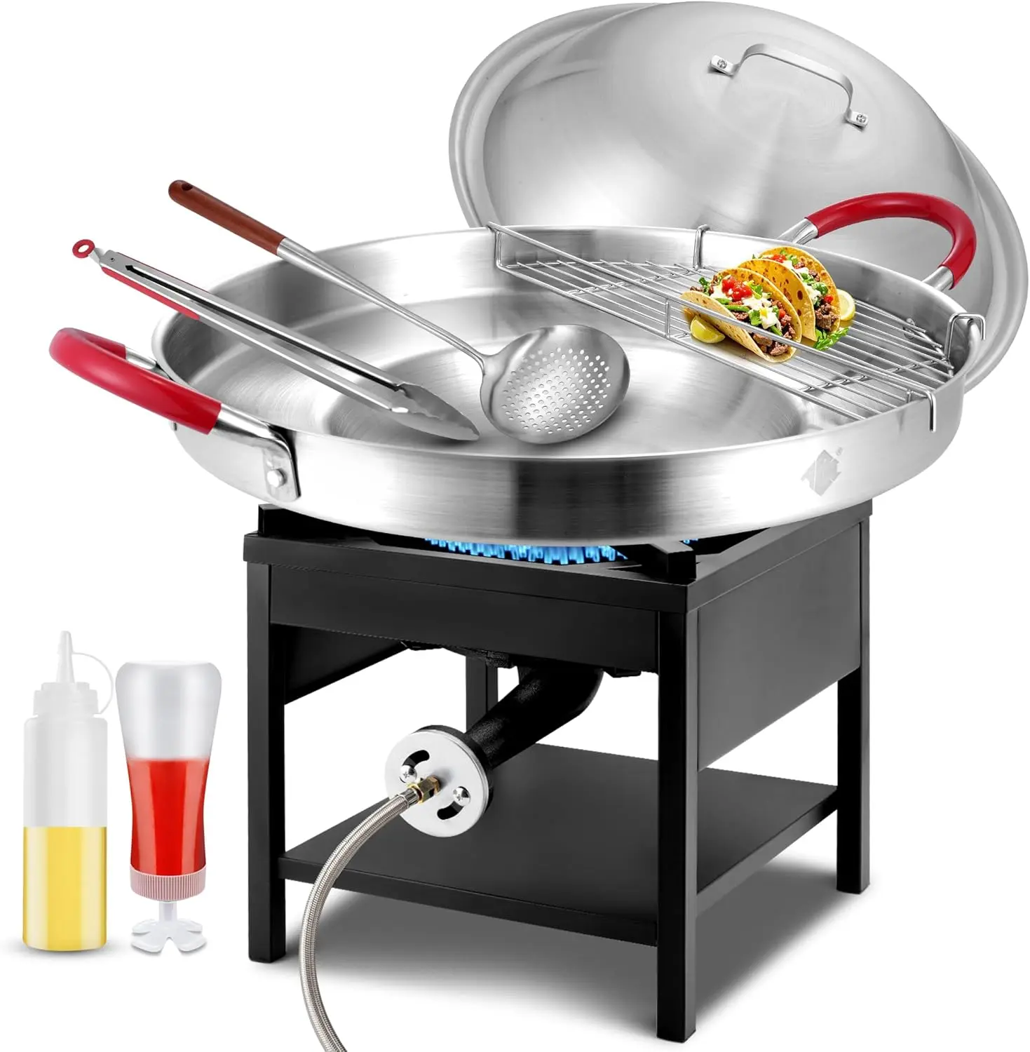ARC Stainless Steel 20" Mexican Comal Griddle Pan With Single Burner Propane Stove, 200,000BTU Cast Iron High Pressure Outdoor Propane Burner Cooker，7Pcs Discada Disc Cooker, Large Cookware Set