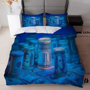 3Luxury Dollar Bill Print Bedding Set - 1A duvet cover + 2Pillowcase（Blue、Gold and White Design），Polyester，Machine Washable，Four Seasons Comfortable，Bedroom Decoration，Bedroom Decoration | Modern Aesthetics | Zipper closure, luxurious bedding