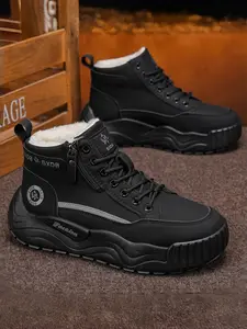 Men's High-Top Closed Fleece Lined Warm Cotton Shoes, Youth Leather Waterproof Anti-Slip Rubber Outdoor Snow Boots, Fashion Boots, Walking Shoes, Footwear